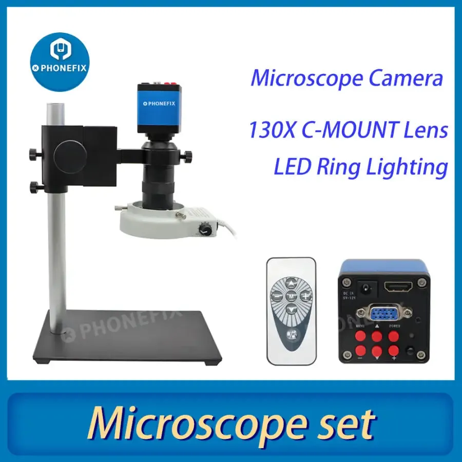 13MP HDMI VGA Industrial Camera Microscope Set 130X Lens 40 LED Lights