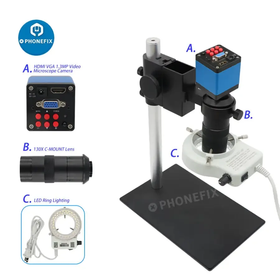 13MP HDMI VGA Industrial Camera Microscope Set 130X Lens 40 LED Lights