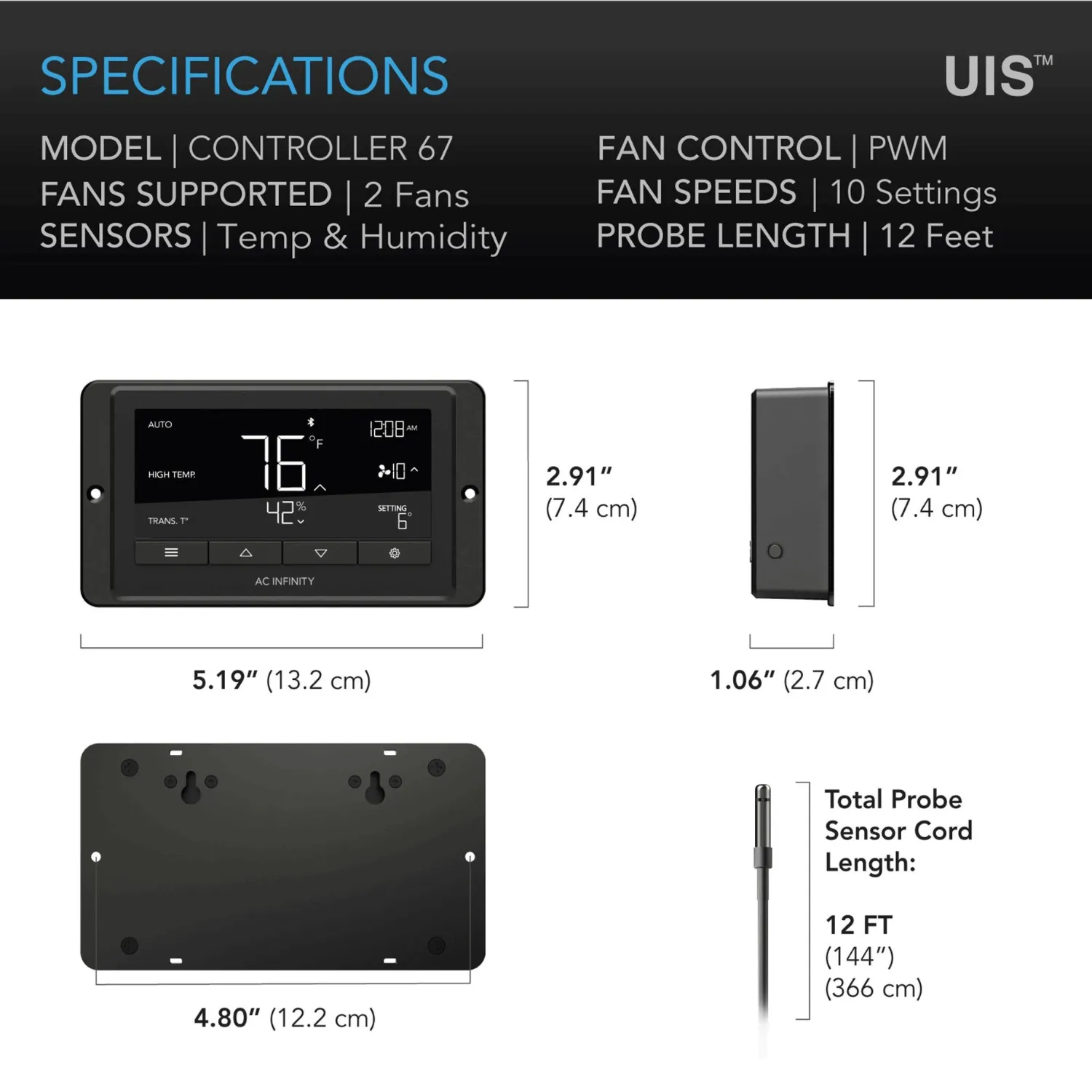 AC Infinity CONTROLLER 67, Temperature and Humidity Fan Controller, with Scheduling, Cycles, Dynamic Speed, Data App