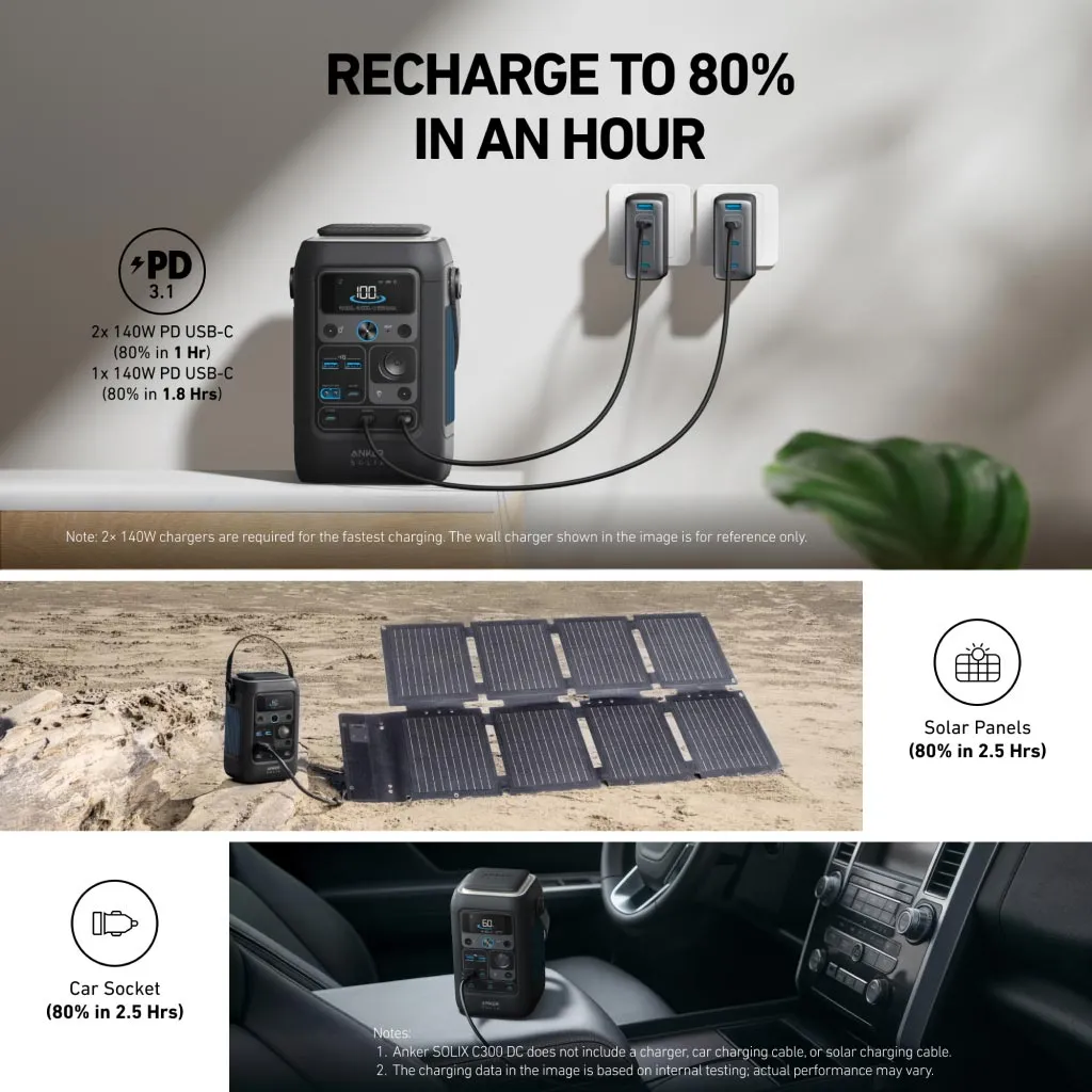 Anker SOLIX C300X DC Portable Power Station - 288Wh | 90000mAh with Carry Strap   FREE Anker 100W USB-C Cable