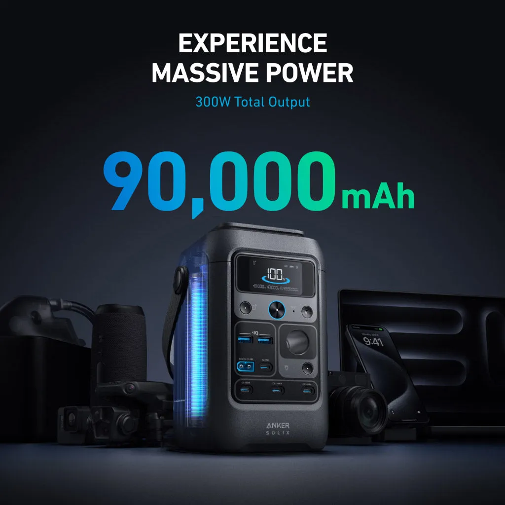 Anker SOLIX C300X DC Portable Power Station - 288Wh | 90000mAh with Carry Strap   FREE Anker 100W USB-C Cable