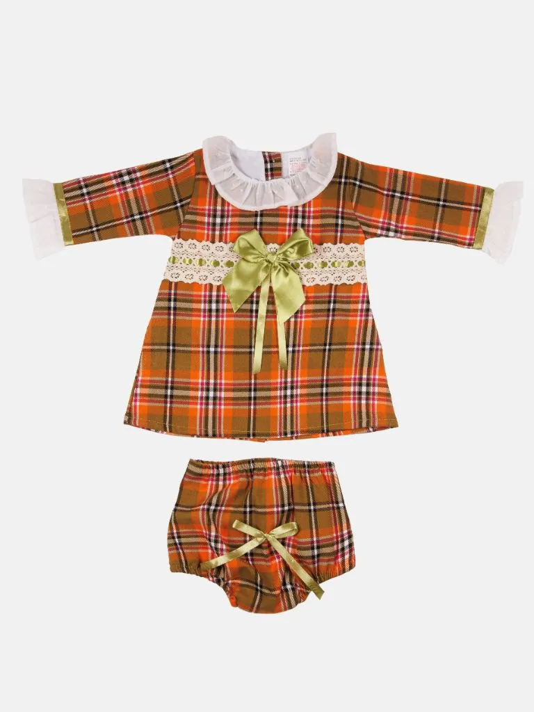 Baby Girl Luxury Tartan Frilly Dress with Bow and Knickers - Orange with Green Bow