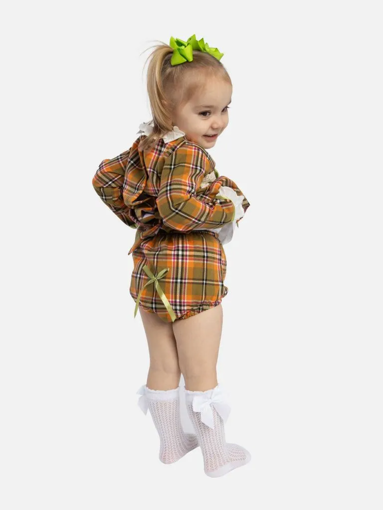 Baby Girl Luxury Tartan Frilly Dress with Bow and Knickers - Orange with Green Bow