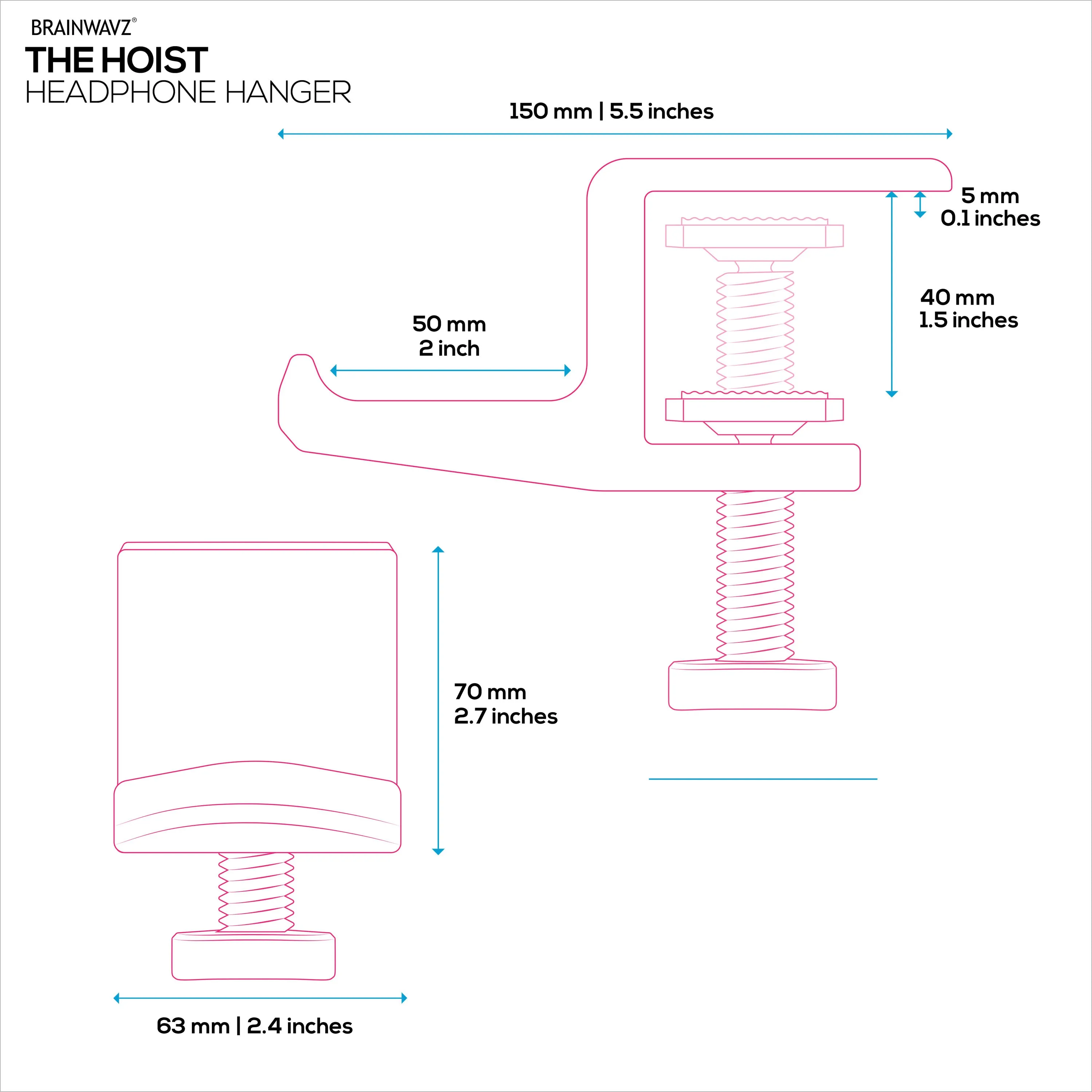 Brainwavz Hoist - Headphone Hanger Stand with Adjustable Clamp, Screws On To Desks & Shelves