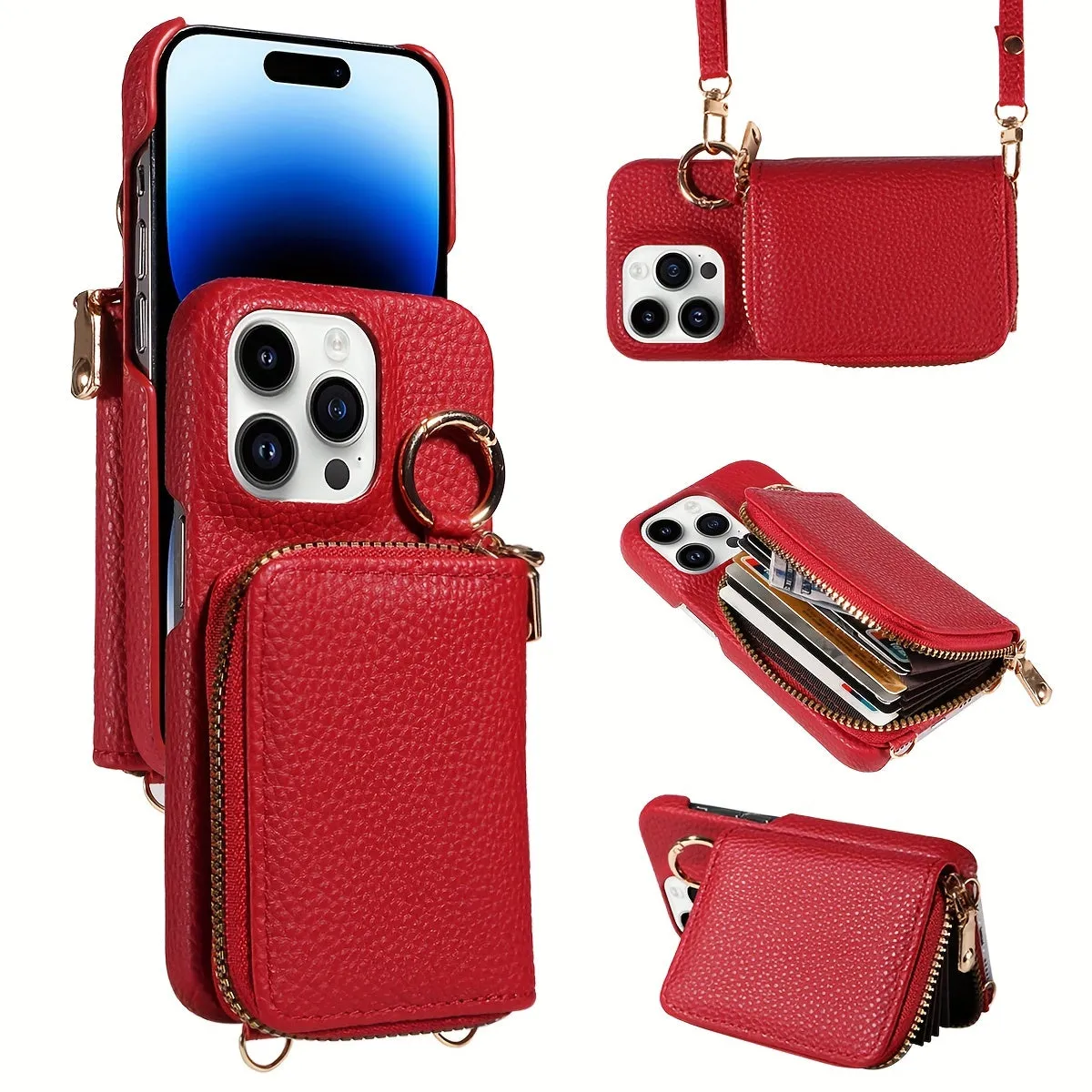 Leather Phone Case with Zipper Lanyard, Wallet, and Card Holder for iPhone (Multiple Models) - Anti-Drop and Convenient