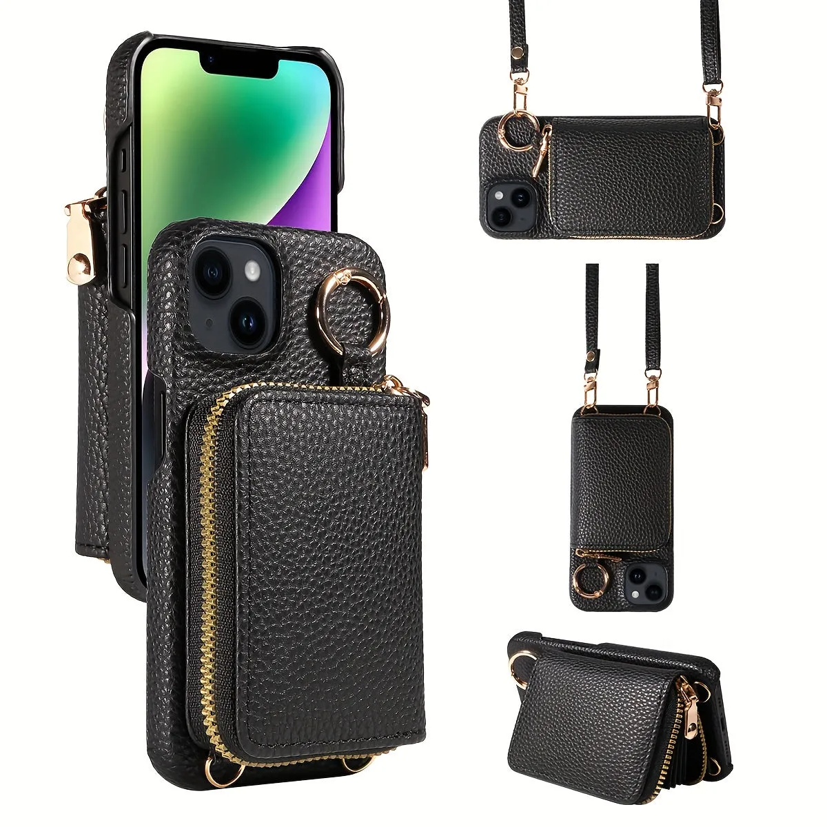 Leather Phone Case with Zipper Lanyard, Wallet, and Card Holder for iPhone (Multiple Models) - Anti-Drop and Convenient