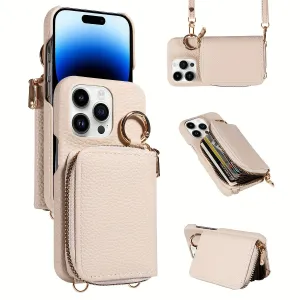 Leather Phone Case with Zipper Lanyard, Wallet, and Card Holder for iPhone (Multiple Models) - Anti-Drop and Convenient