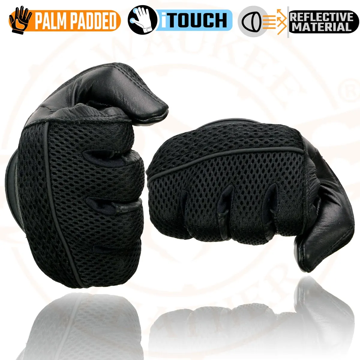 Milwaukee Leather MG7503 Men's Black Leather  i-Touch Screen Compatible Mesh Racing Motorcycle Hand Gloves W/ Reflector