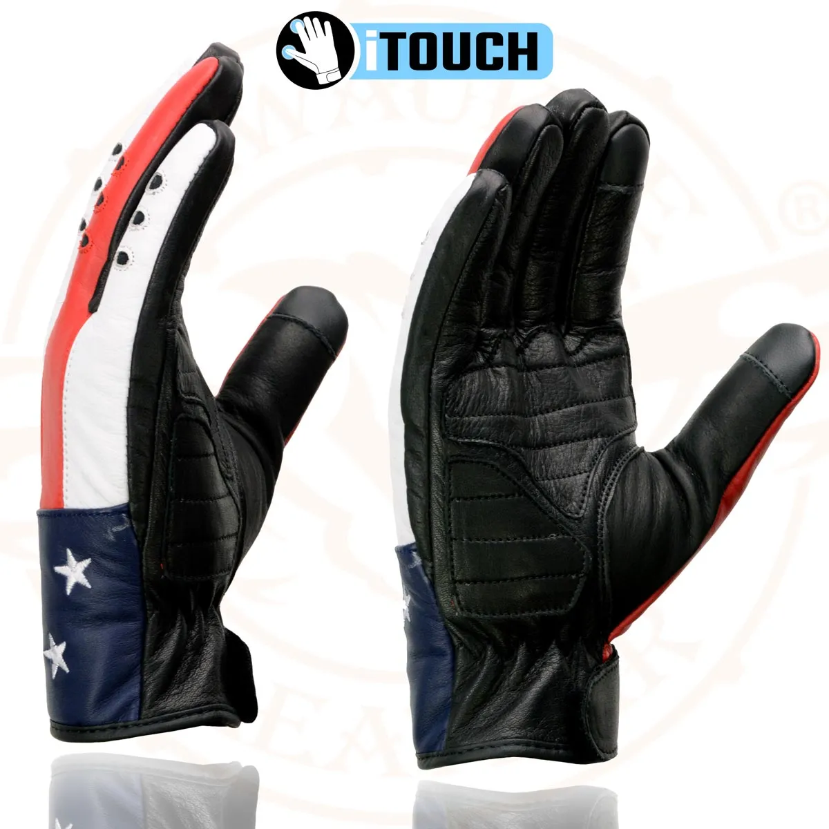 Milwaukee Leather MG7527 Men's Black Leather i-Touch Screen Compatible Motorcycle Hand Gloves w/ Stars and Stripes