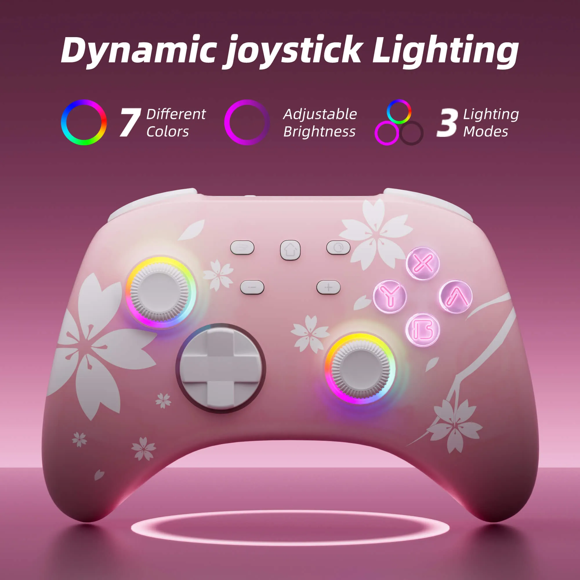 Mytrix Wireless Pro Controllers with Charging Dock, Sakura Pink Bluetooth RGB Controller with Hall Effect Joysticks/Hall Trigger (No Drift) for Nintendo Switch, Windows PC iOS Android Steam