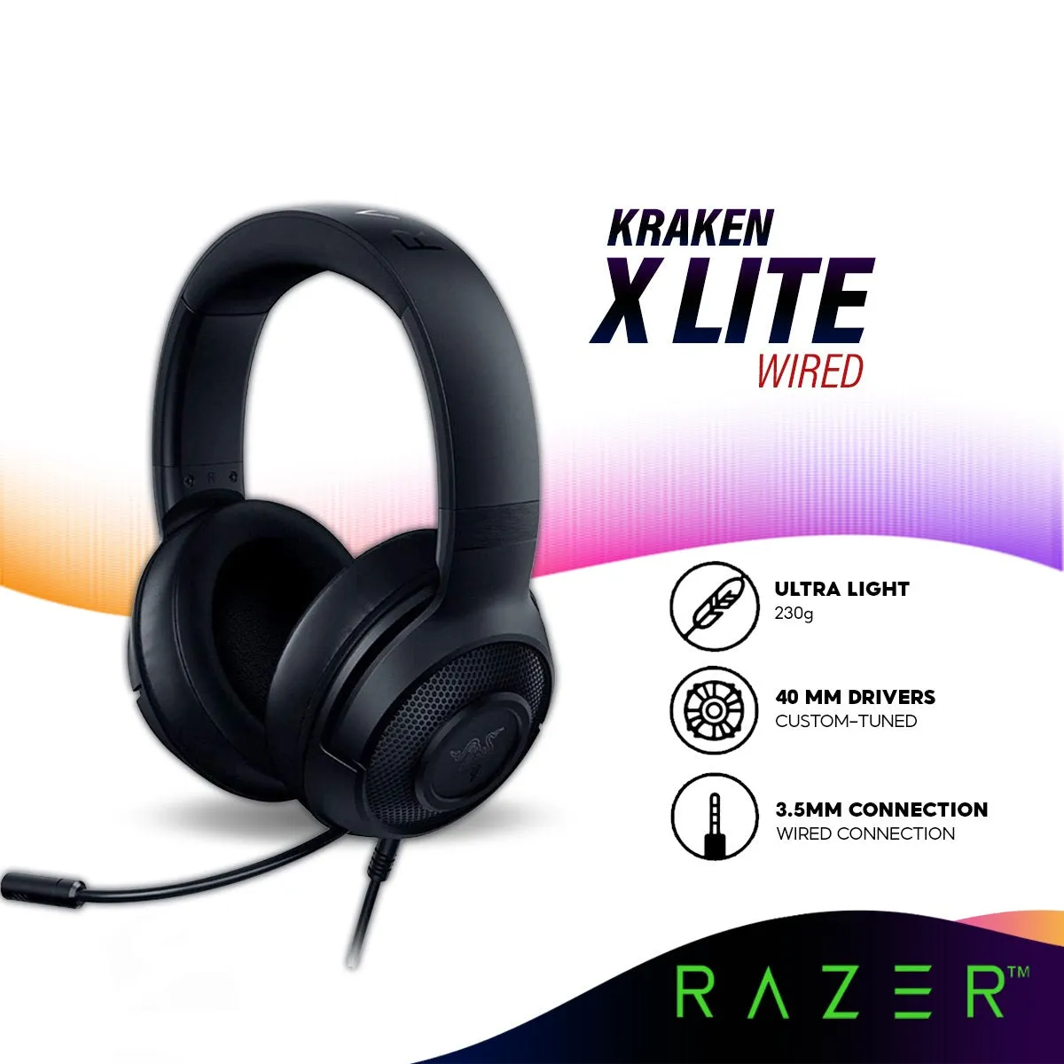 Razer Kraken X Lite Ultralight Wired Gaming Headset with Immersive 7.1 Surround Sound, Bendable Cardioid Microphone