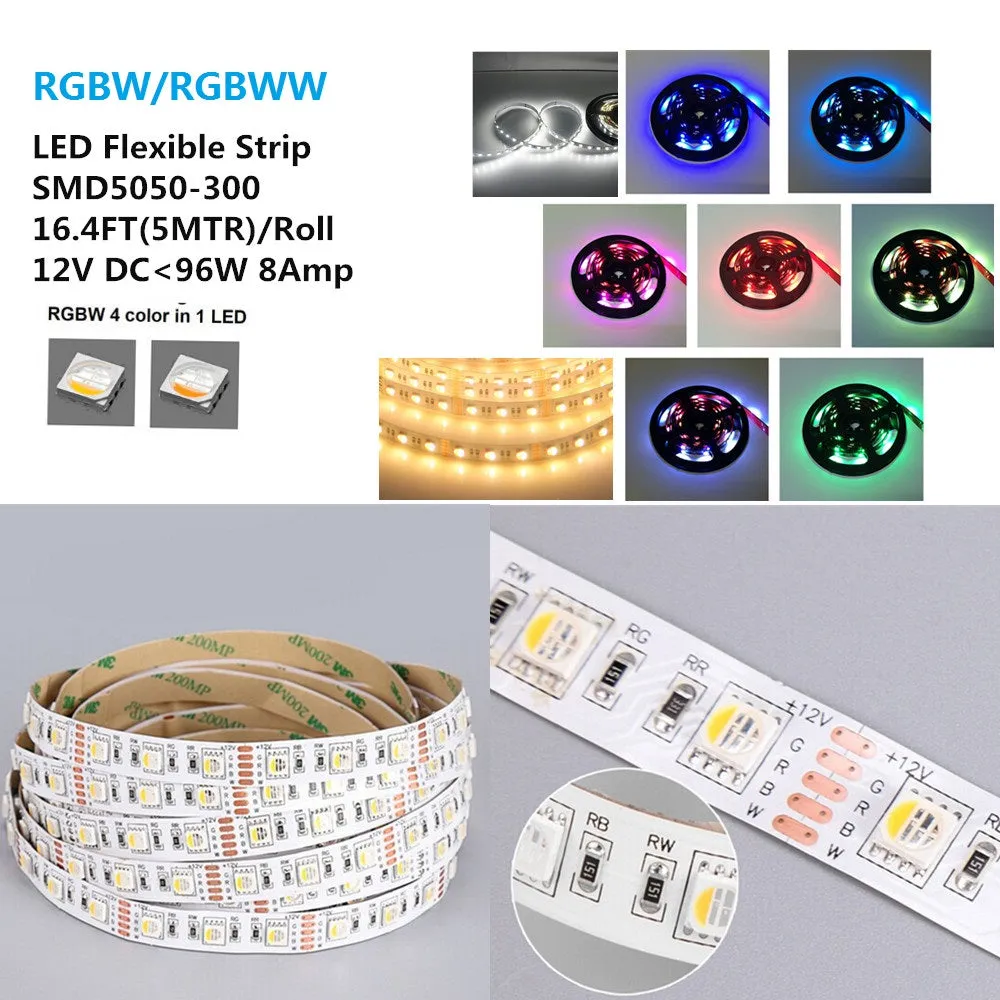 RGBW | RGBWW LED Strips, 16.4FT/5M SMD5050-300 60LEDs 19.2W per Meter 4in1 RGBW LED Strip Lights