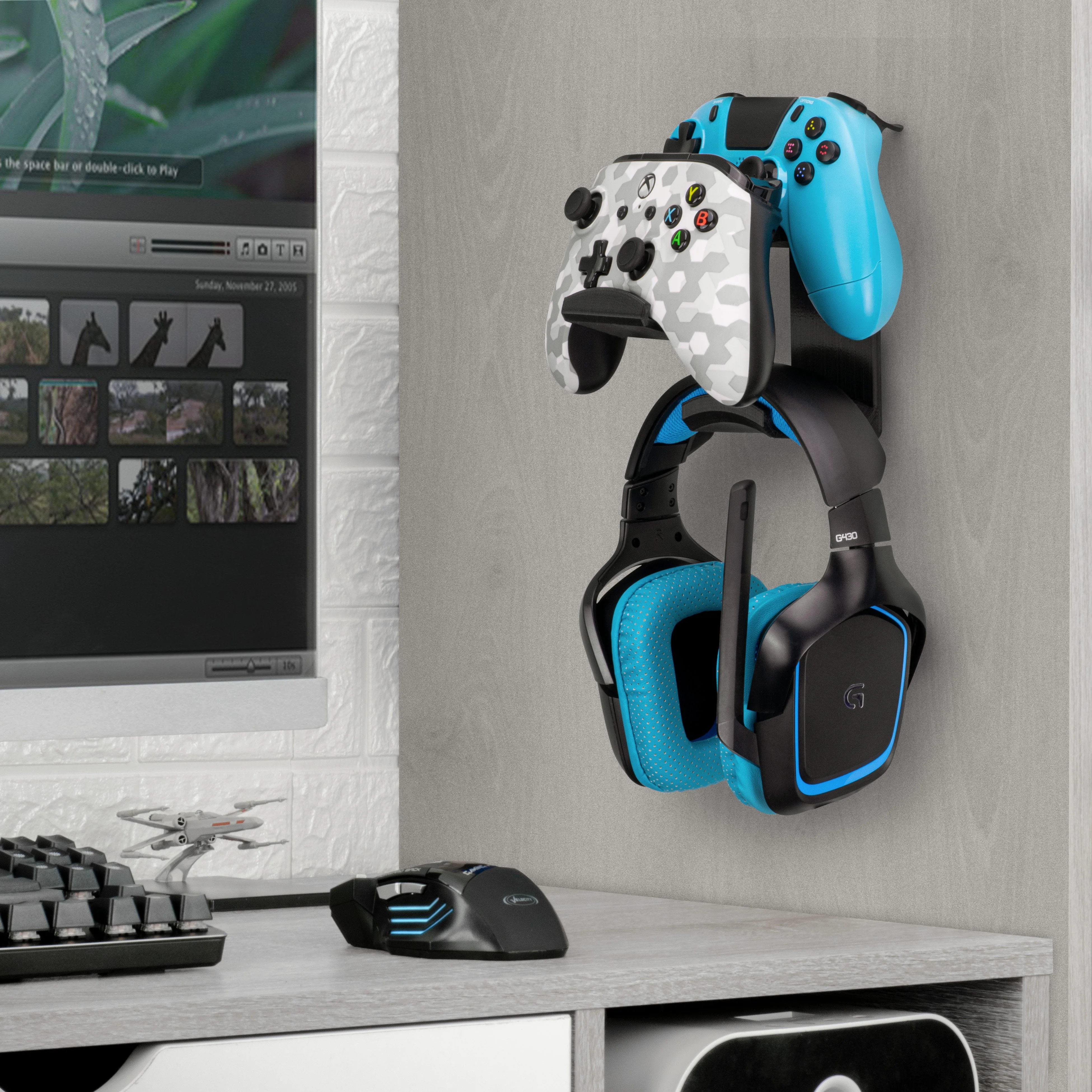 Uber Atlas - Universal Dual Game Controller and Headphone Hanger - Easy to Install, No Screws & Mess