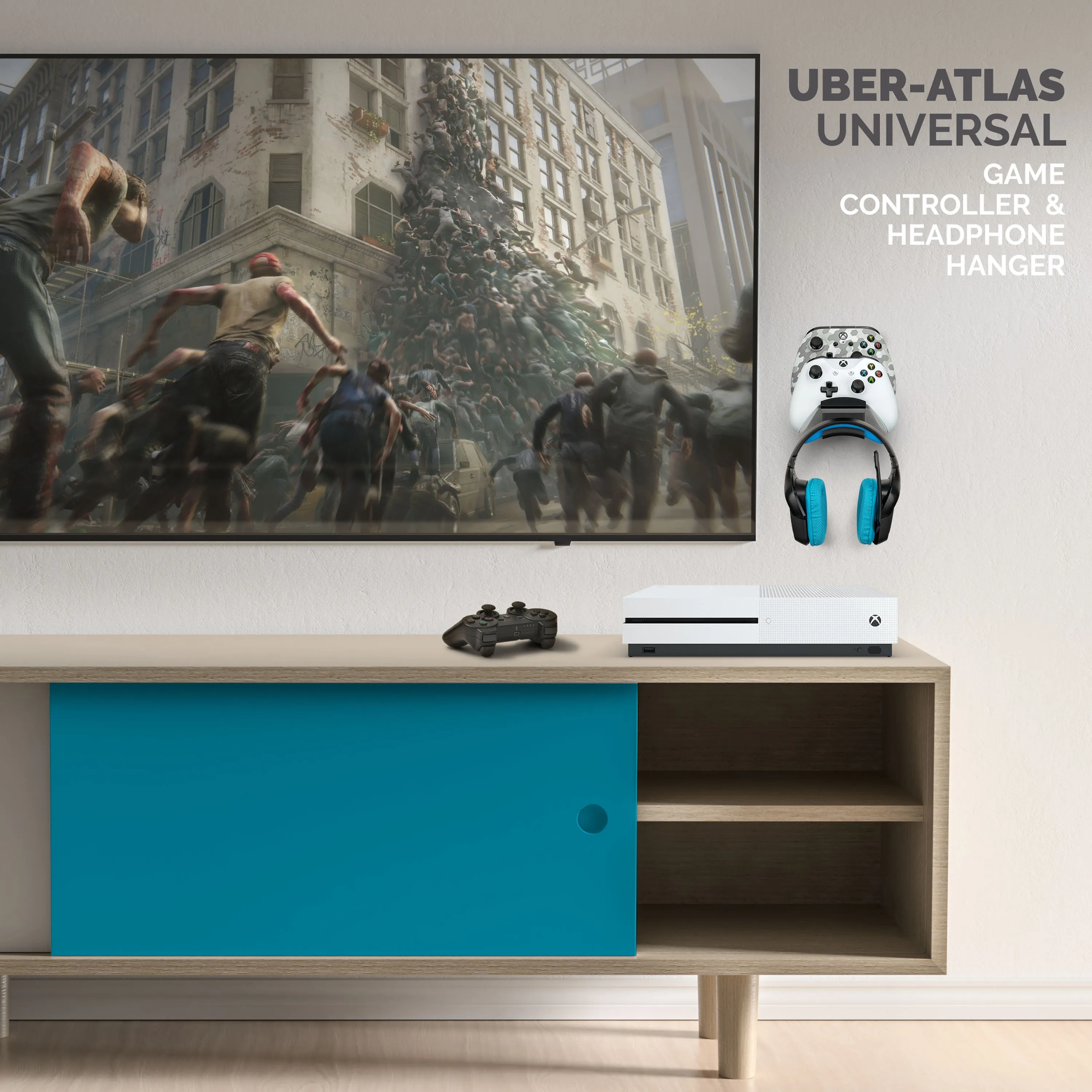 Uber Atlas - Universal Dual Game Controller and Headphone Hanger - Easy to Install, No Screws & Mess