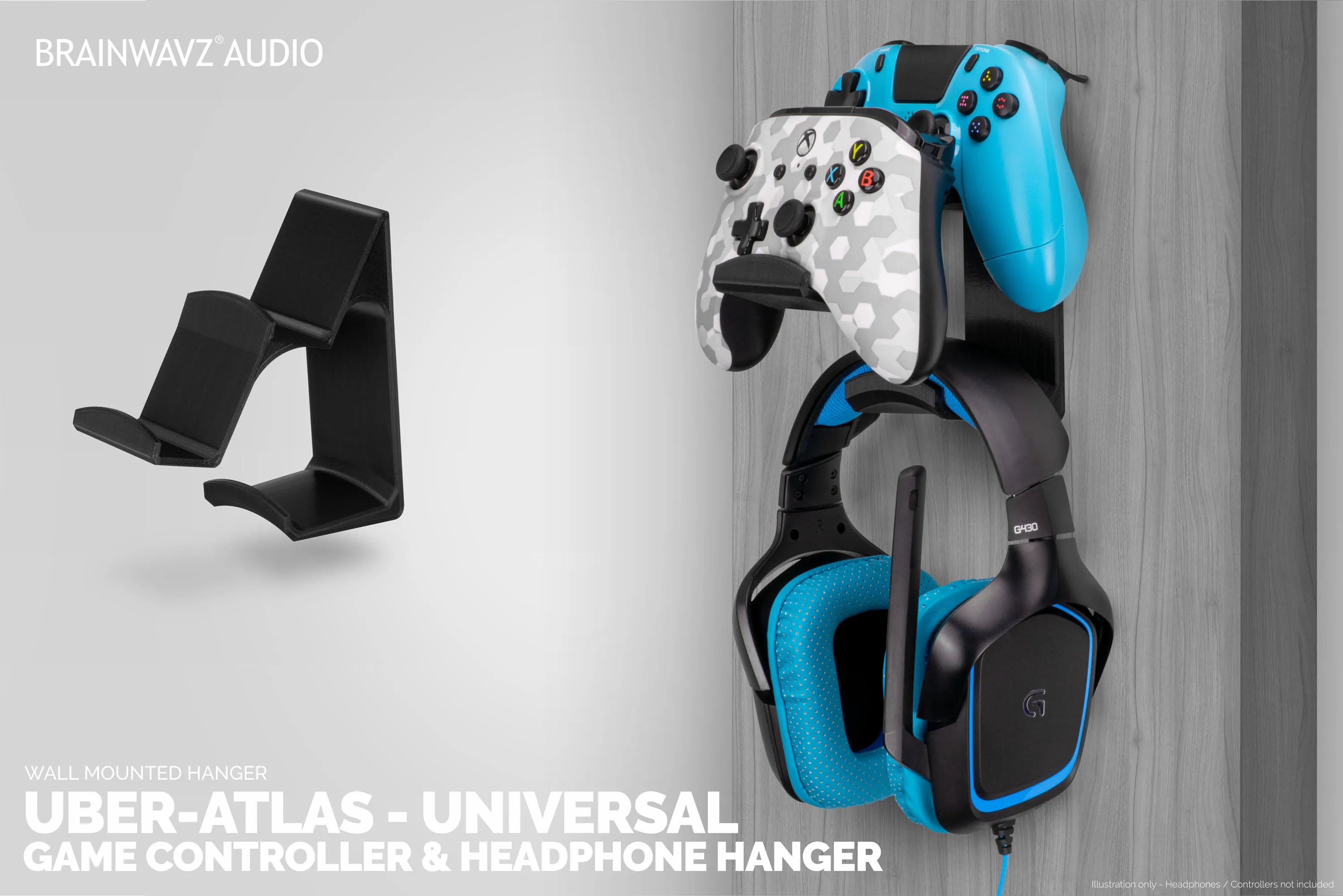 Uber Atlas - Universal Dual Game Controller and Headphone Hanger - Easy to Install, No Screws & Mess